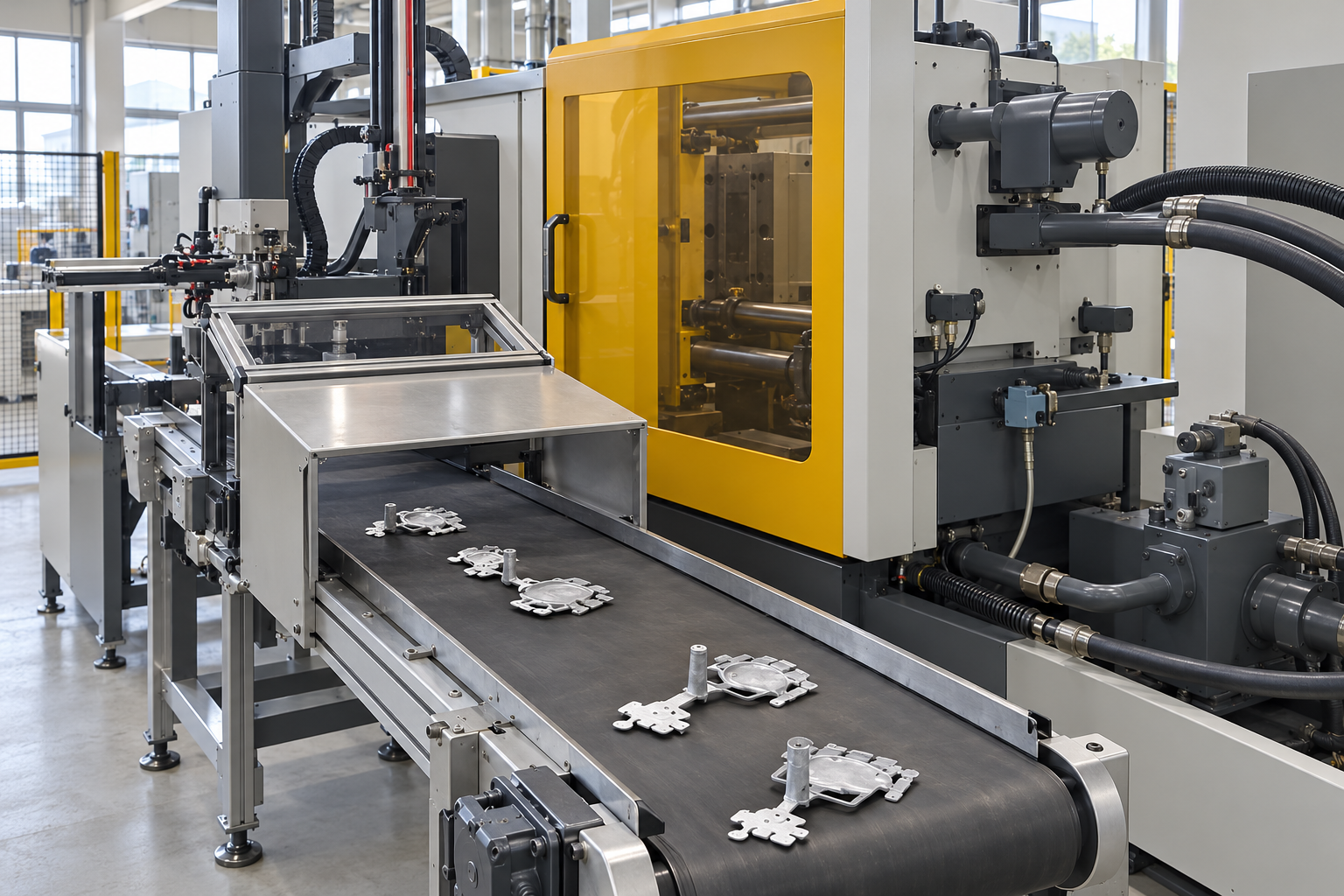 Die-casting equipment and an organized conveyor for metal components