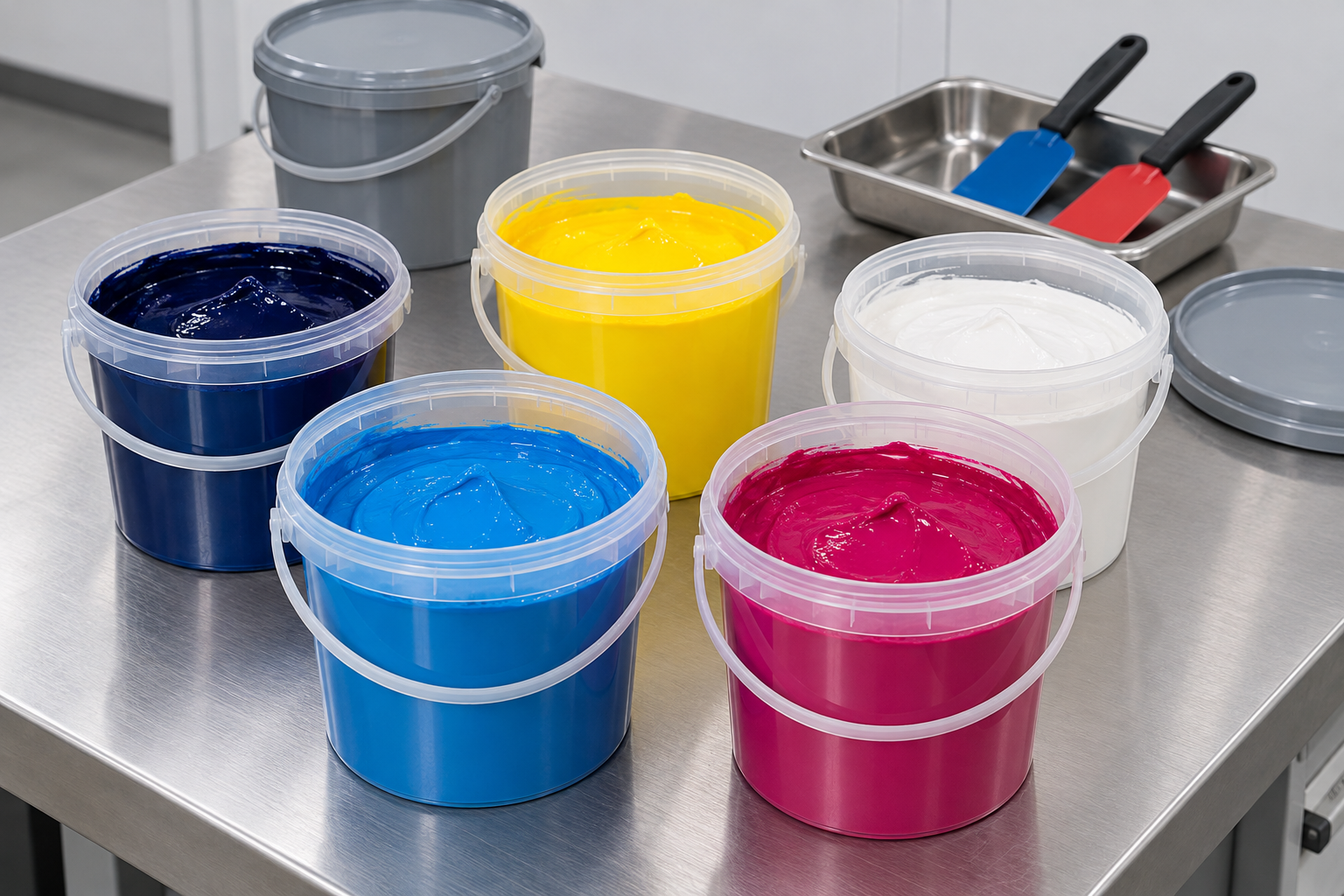 Organized containers of printing ink on a clean stainless steel preparation table