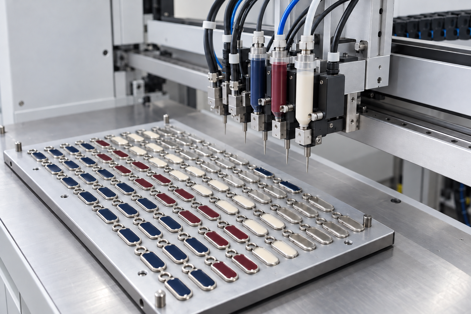 Raised dispensing needles above neatly arranged metal keyring components
