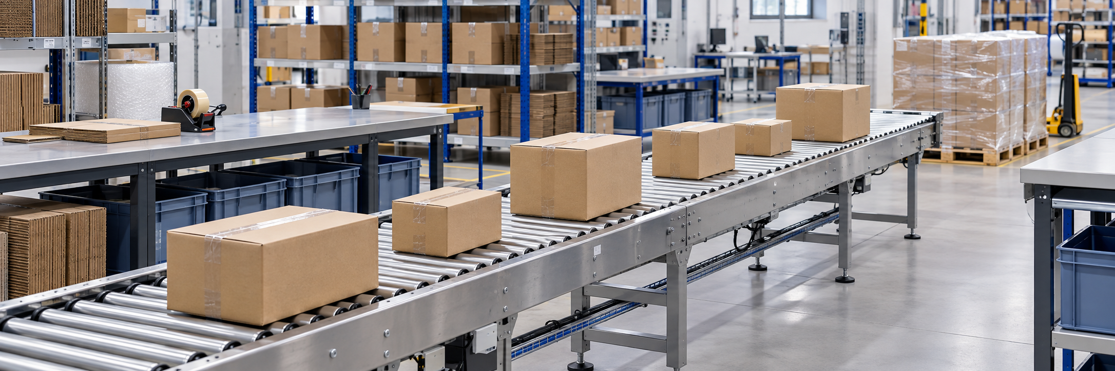 Sealed shipping cartons supported on a roller conveyor in a tidy packing area