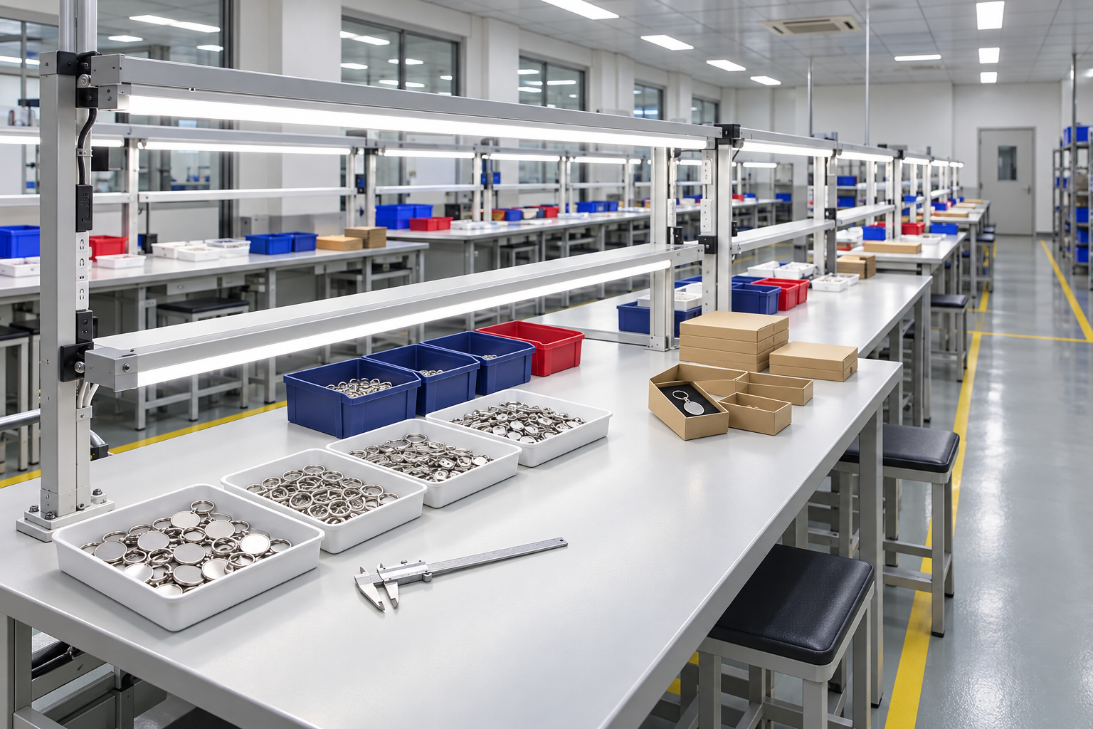Organized inspection benches with parts trays and packing boxes