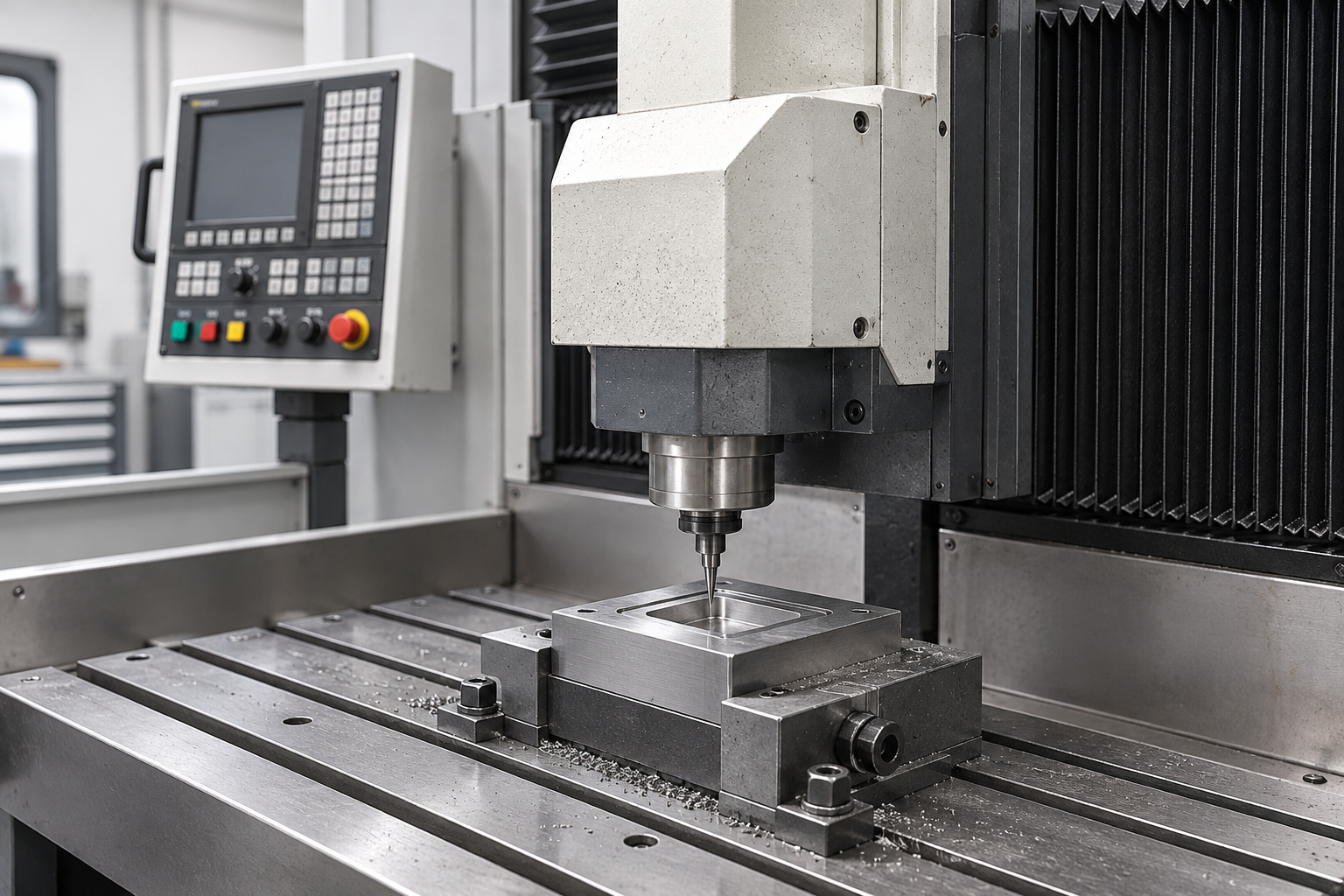 Mould engraving equipment with a supported metal workpiece in an orderly workshop