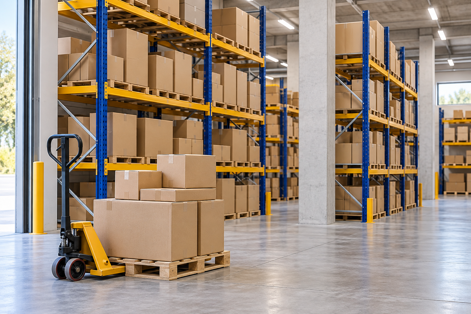 Cartons stored on pallet racks with a prepared dispatch pallet and a clear aisle