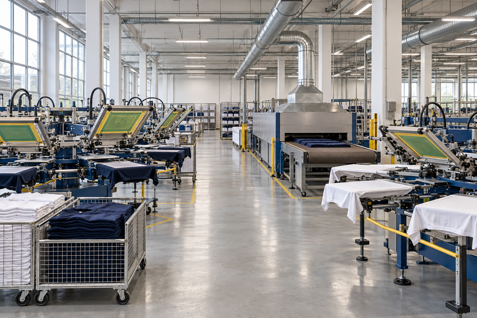 An unoccupied printing workshop with organized equipment and clear production aisles