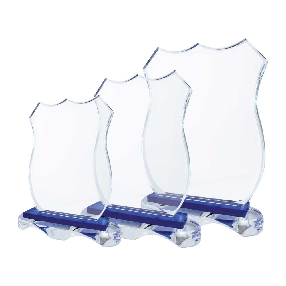 Reconocimiento de cristal tipo escudo curvo con base azul