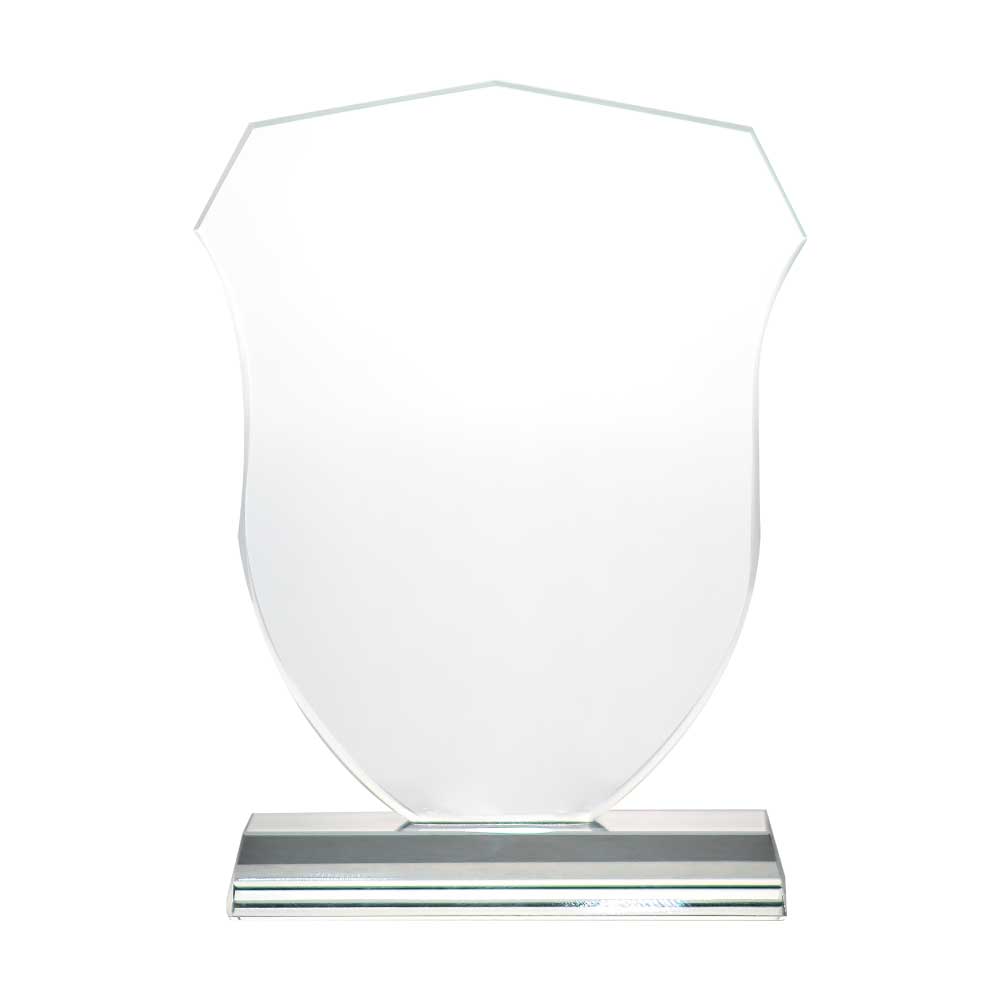 Troféu de cristal em forma de escudo com topo pontudo