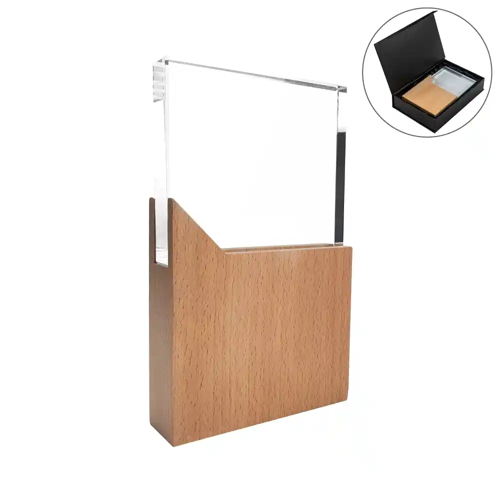 Reconocimiento rectangular de cristal con base de madera