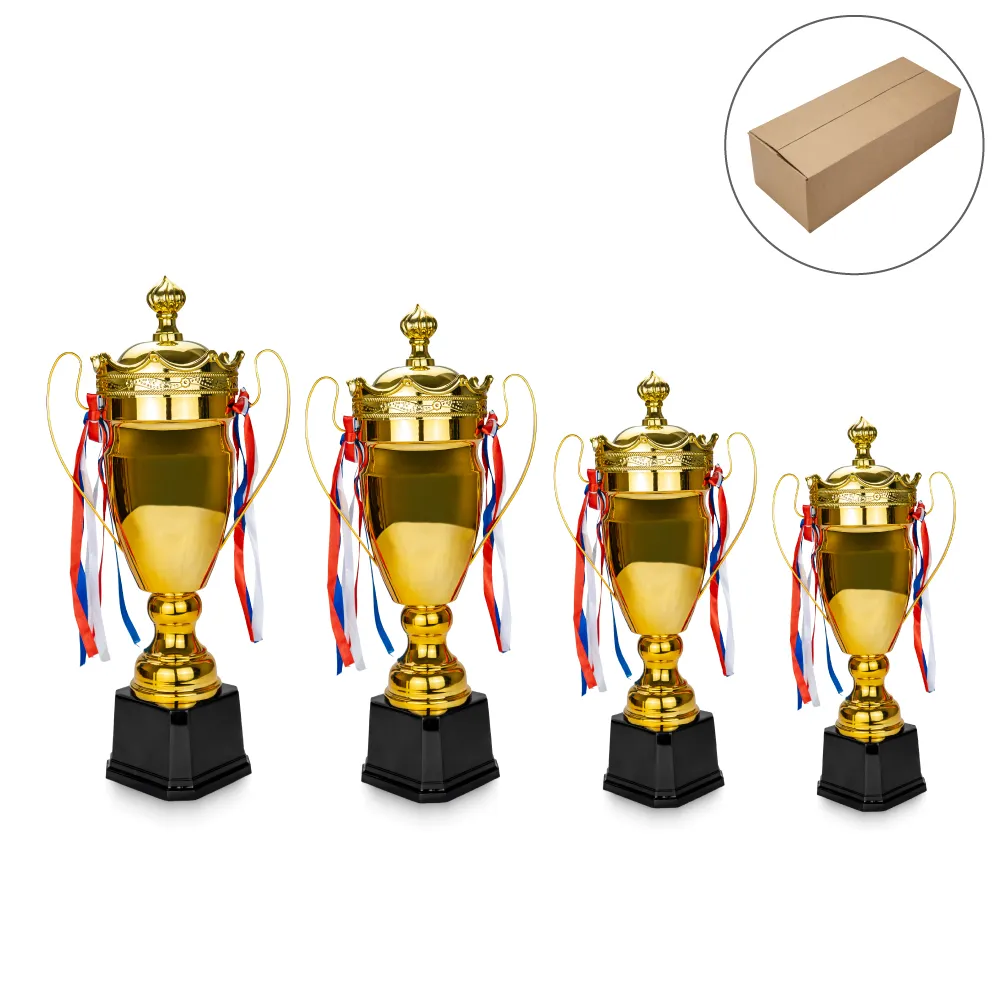 Trofeo de copa cerrada dorada con cintas